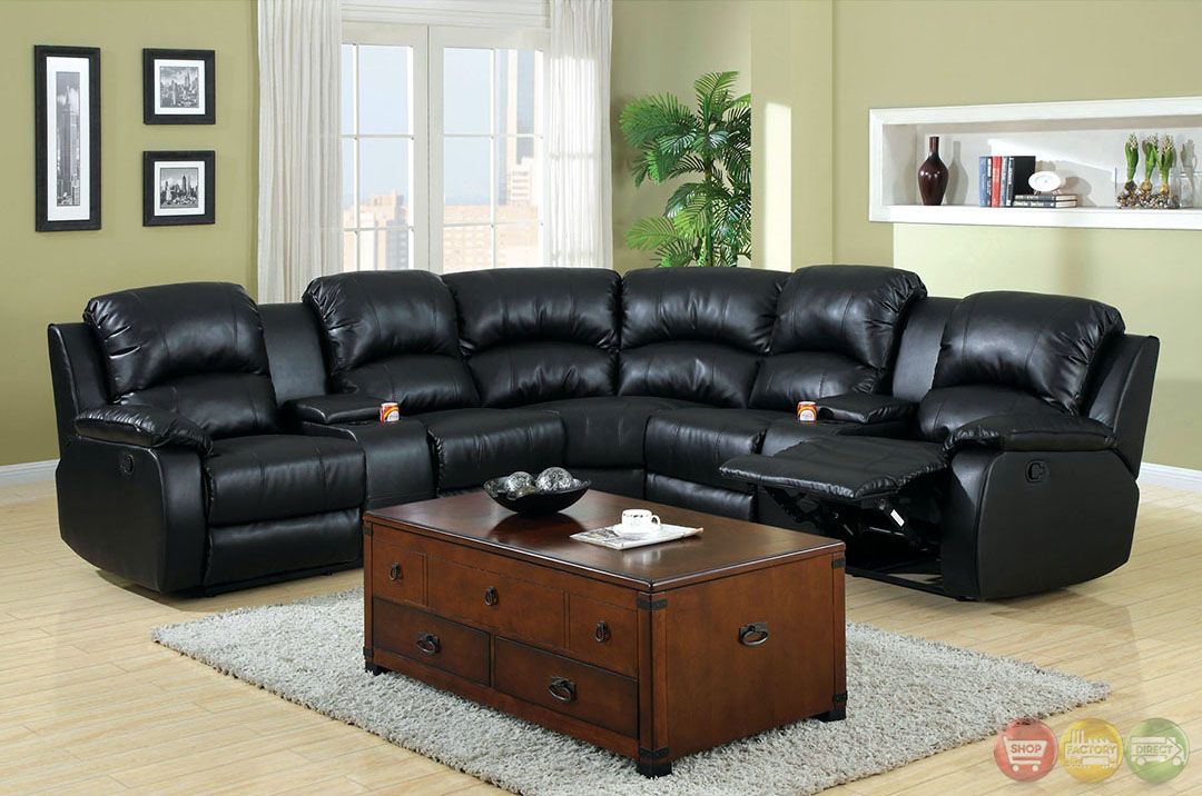 Aberdeen Black Bonded Leather Sectional Sofa Set W/Cup Holders Within Wynne Contemporary Sectional Sofas Black (View 13 of 15)