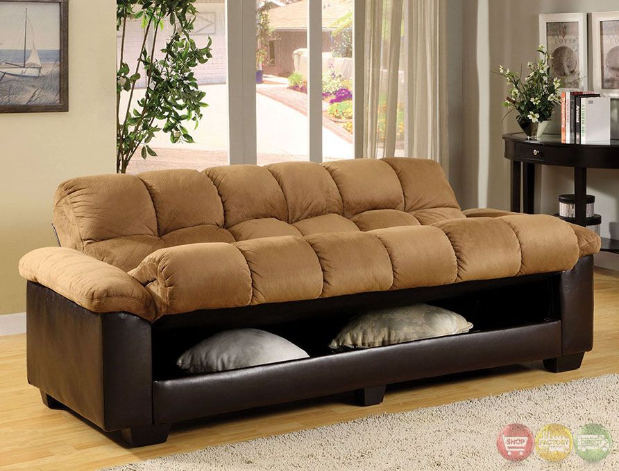 Anya Elephant Skin Microfiber Tan&Dark Brown Futon Sofa Within Liberty Sectional Futon Sofas With Storage (View 9 of 15)