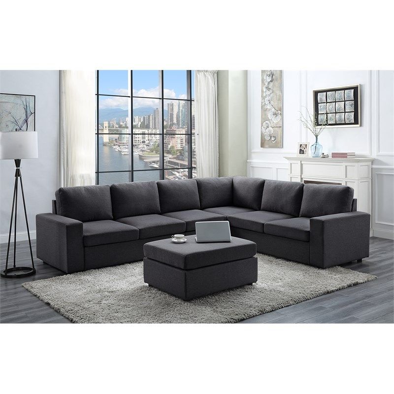 Bayside Modular Sectional Sofa With Ottoman In Dark Gray For Polyfiber Linen Fabric Sectional Sofas Dark Gray (View 4 of 15)