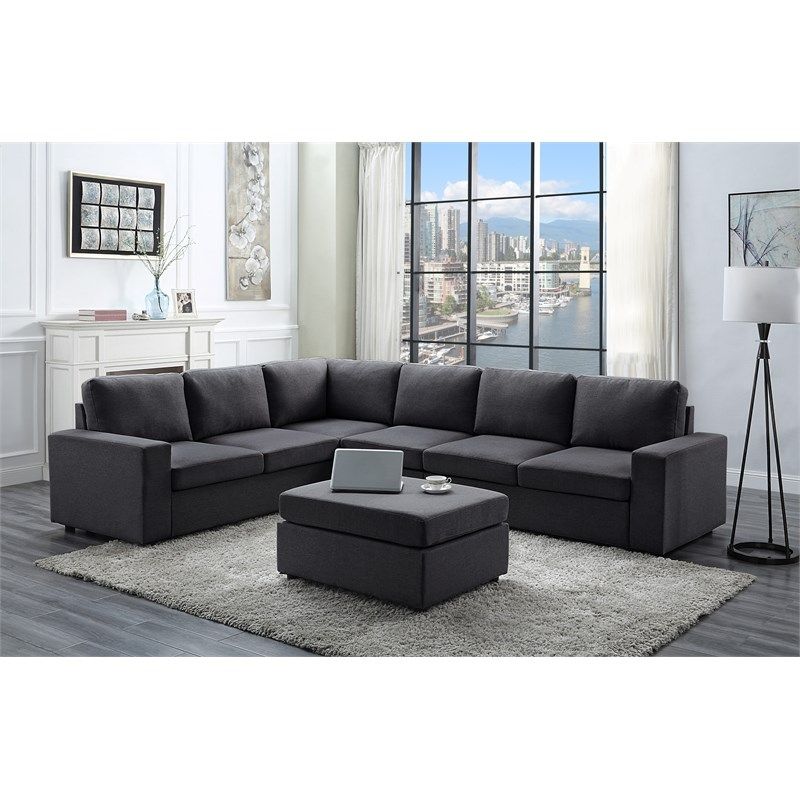 Bayside Modular Sectional Sofa With Ottoman In Dark Gray With Polyfiber Linen Fabric Sectional Sofas Dark Gray (View 9 of 15)