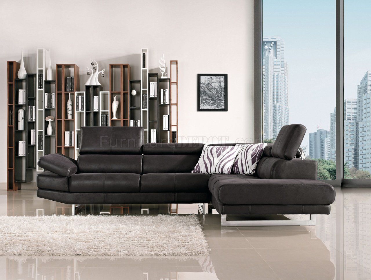 Black Fabric Modern Sectional Sofa W/Adjustable Headrest Regarding Wynne Contemporary Sectional Sofas Black (View 4 of 15)
