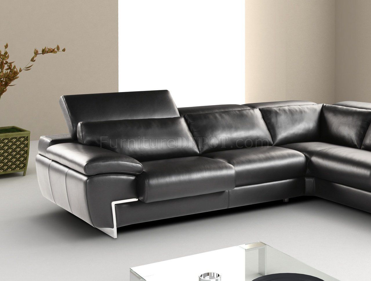 Black Full Leather Modern Sectional Sofa W/Adjustable Headrest Regarding Wynne Contemporary Sectional Sofas Black (View 12 of 15)