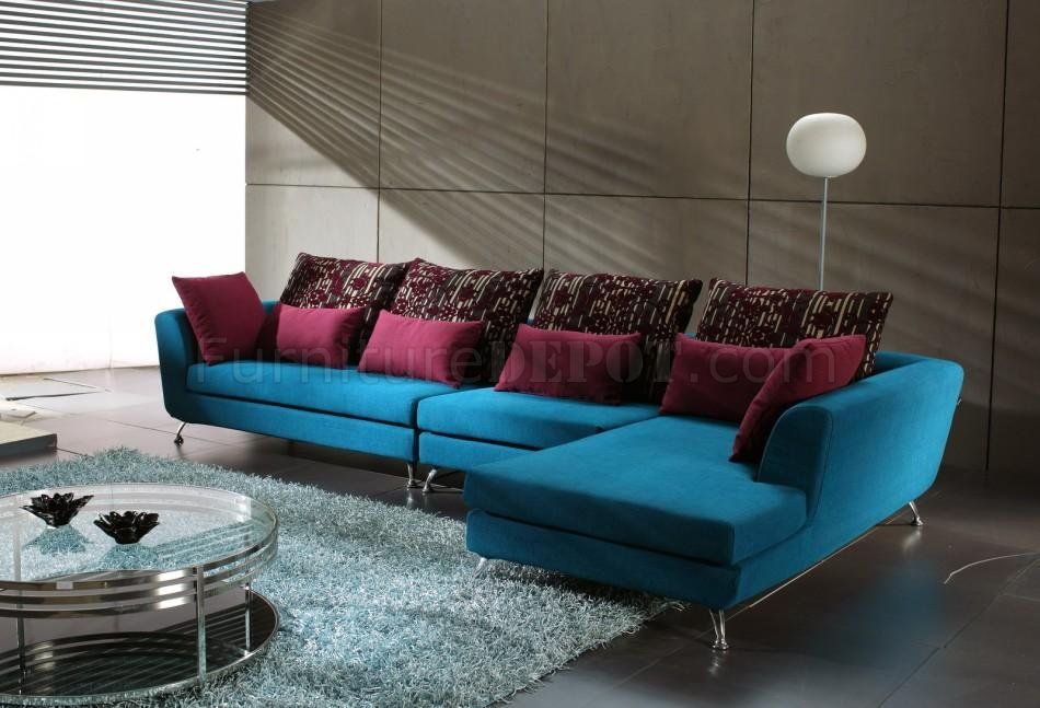 Blue Fabric Modern Sectional Sofa W/contrasting Pillows Within Mireille Modern And Contemporary Fabric Upholstered Sectional Sofas (Photo 4 of 15)