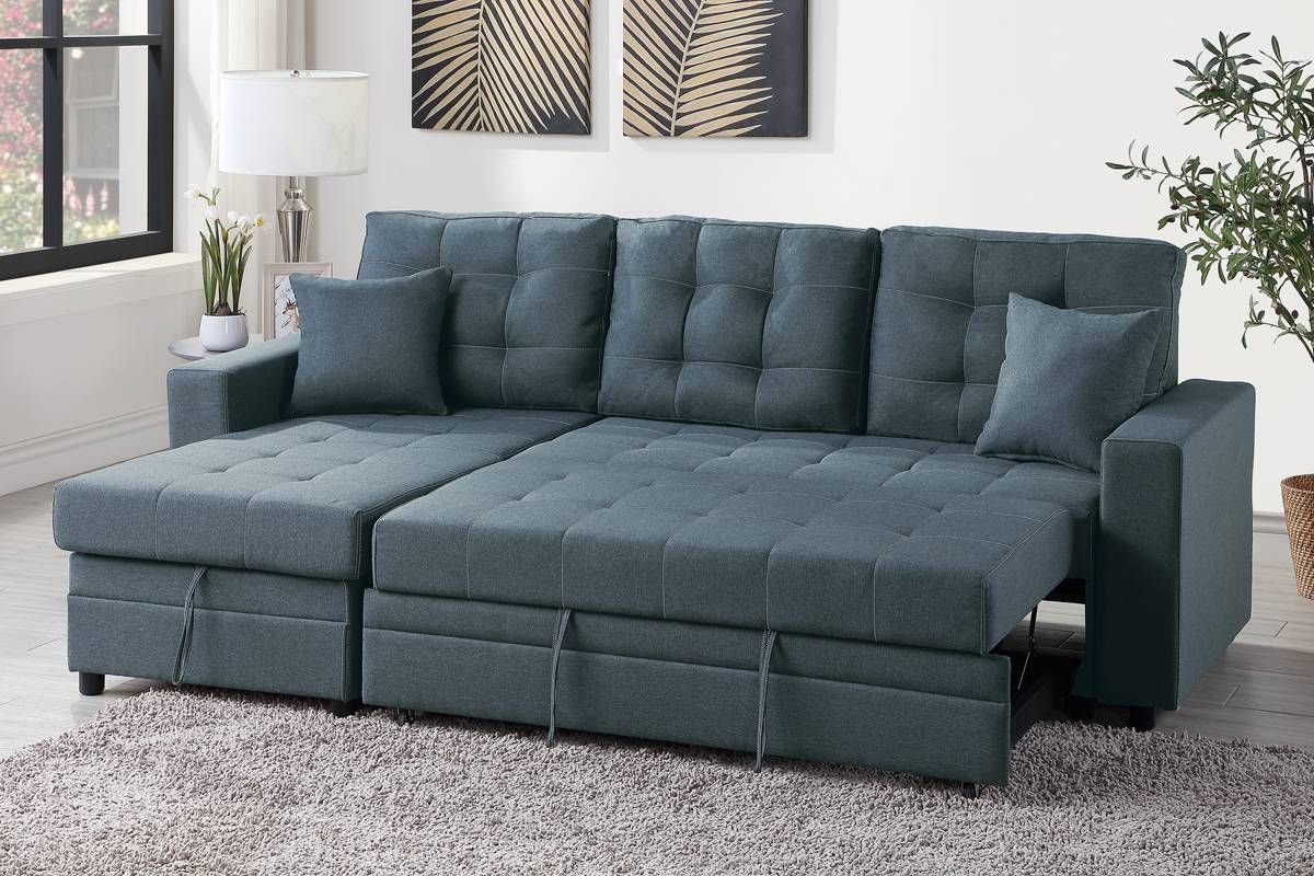 Blue Grey Convertible Pullout Bed Sofa Sectional + Storage For Hugo Chenille Upholstered Storage Sectional Futon Sofas (View 4 of 15)