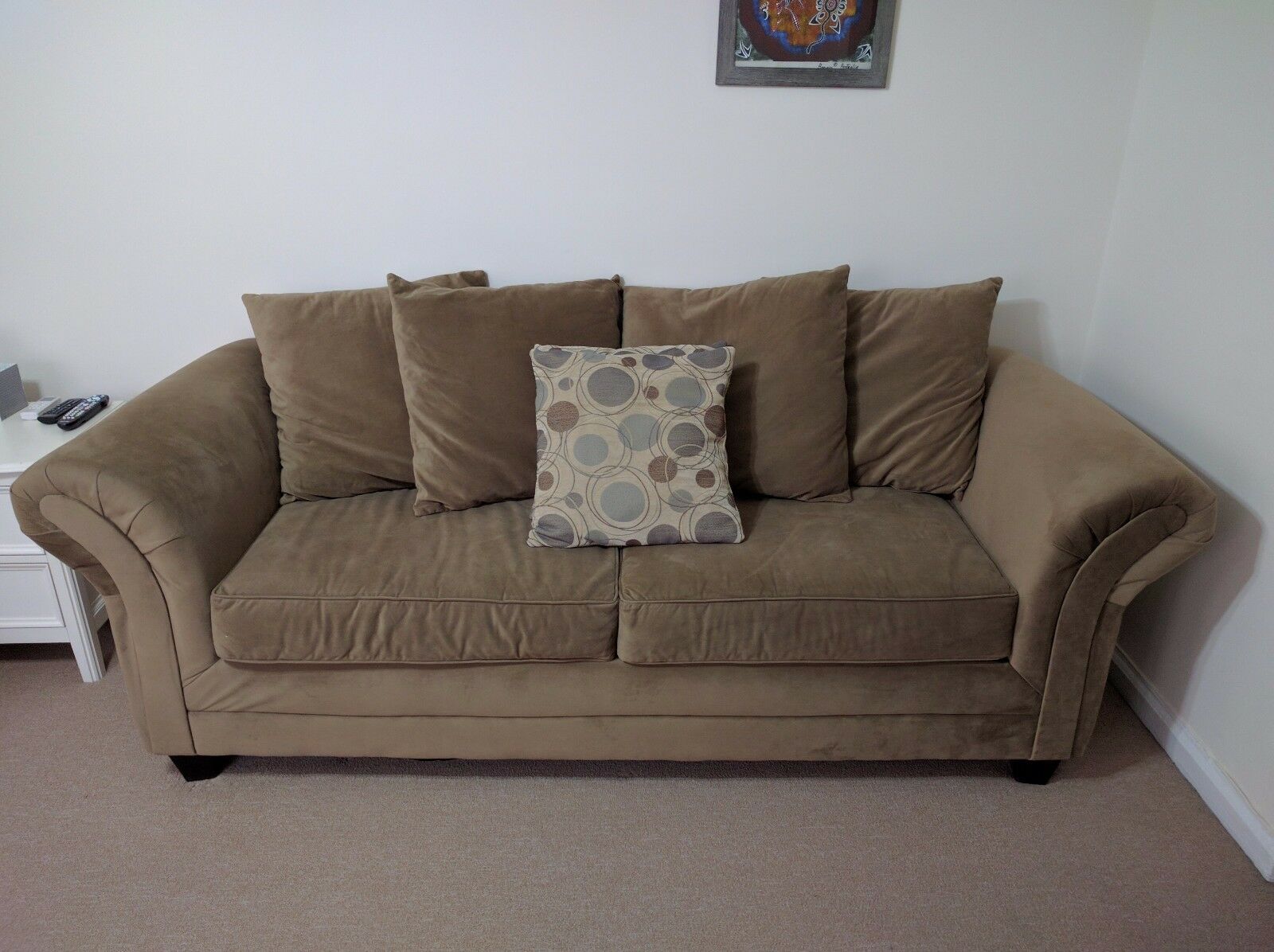 Bob'S Discount Furniture: Desert Sand Suede 3 Seater Sofa For Symmetry Fabric Power Reclining Sofas (View 1 of 15)