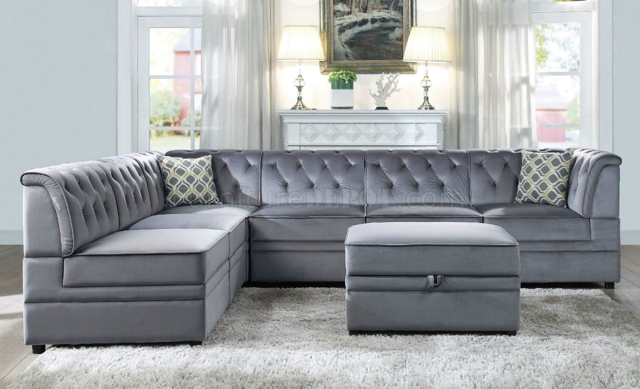 Bois Ii Modular Sectional Sofa 7pc Set 53305 Gray Velvet Within Strummer Velvet Sectional Sofas (View 2 of 15)