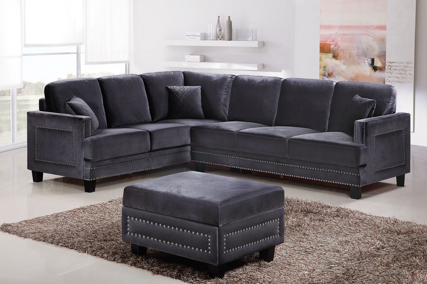 Braylee Modern Grey Velvet Sectional Sofa With Nailhead Trim Within Molnar Upholstered Sectional Sofas Blue/Gray (View 11 of 15)