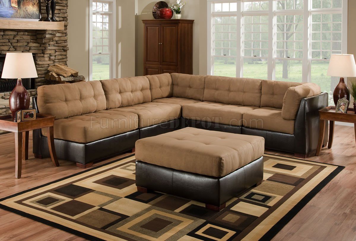 Camel Fabric Sectional Sofa W/Dark Brown Faux Leather Base Within 3Pc Faux Leather Sectional Sofas Brown (View 1 of 15)