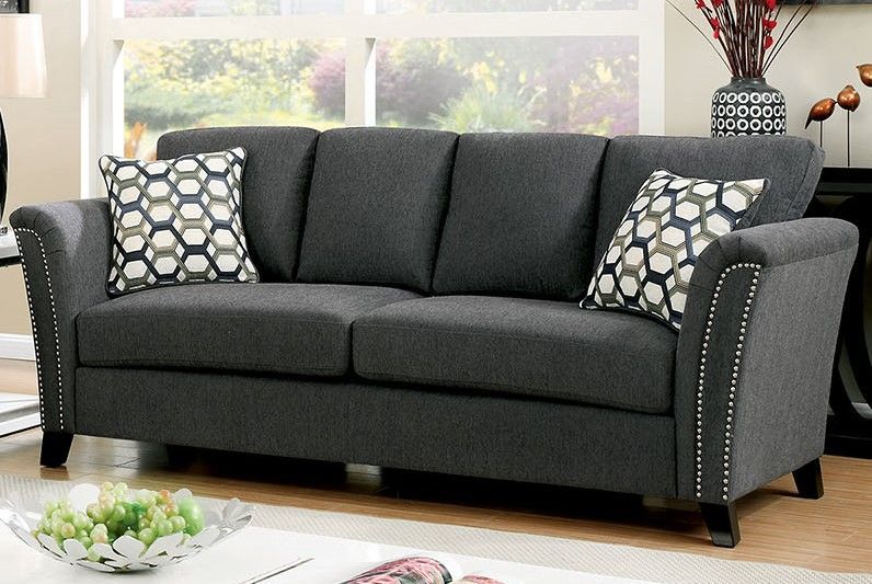 Campbell Contemporary Sofa Upholstered In Gray Fabric With Throughout Radcliff Nailhead Trim Sectional Sofas Gray (View 15 of 15)