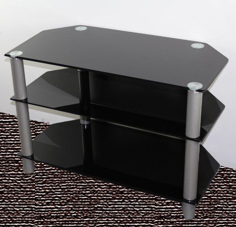 Carromata 32 Inch Glass And Metal Tv Stand, Black Glass Within Most Current Glass Shelves Tv Stands (View 15 of 15)