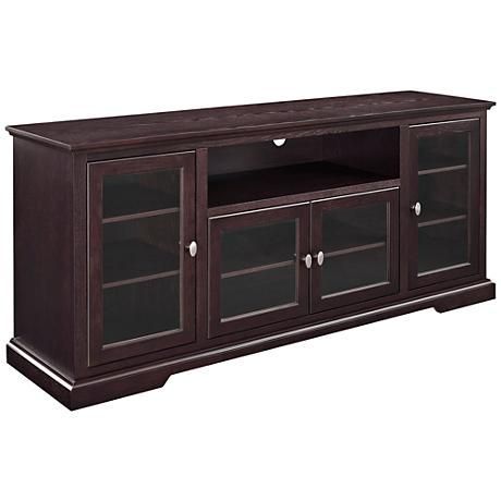 Cass 70" Wide Espresso Wood 4 Door Tv Stand With Glass Pertaining To Most Current Walker Edison Wood Tv Media Storage Stands In Black (Photo 11 of 15)
