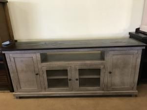Cielo 74" Rustic Grey & Brown Mm7417 Solid Wood Tv Stand Intended For Favorite Urban Rustic Tv Stands (View 3 of 15)