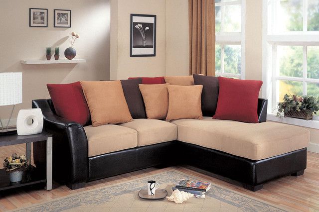 Coaster Small Beige Microfiber Leather Sectional Sofa With Bonded Leather All In One Sectional Sofas With Ottoman And 2 Pillows Brown (View 6 of 15)