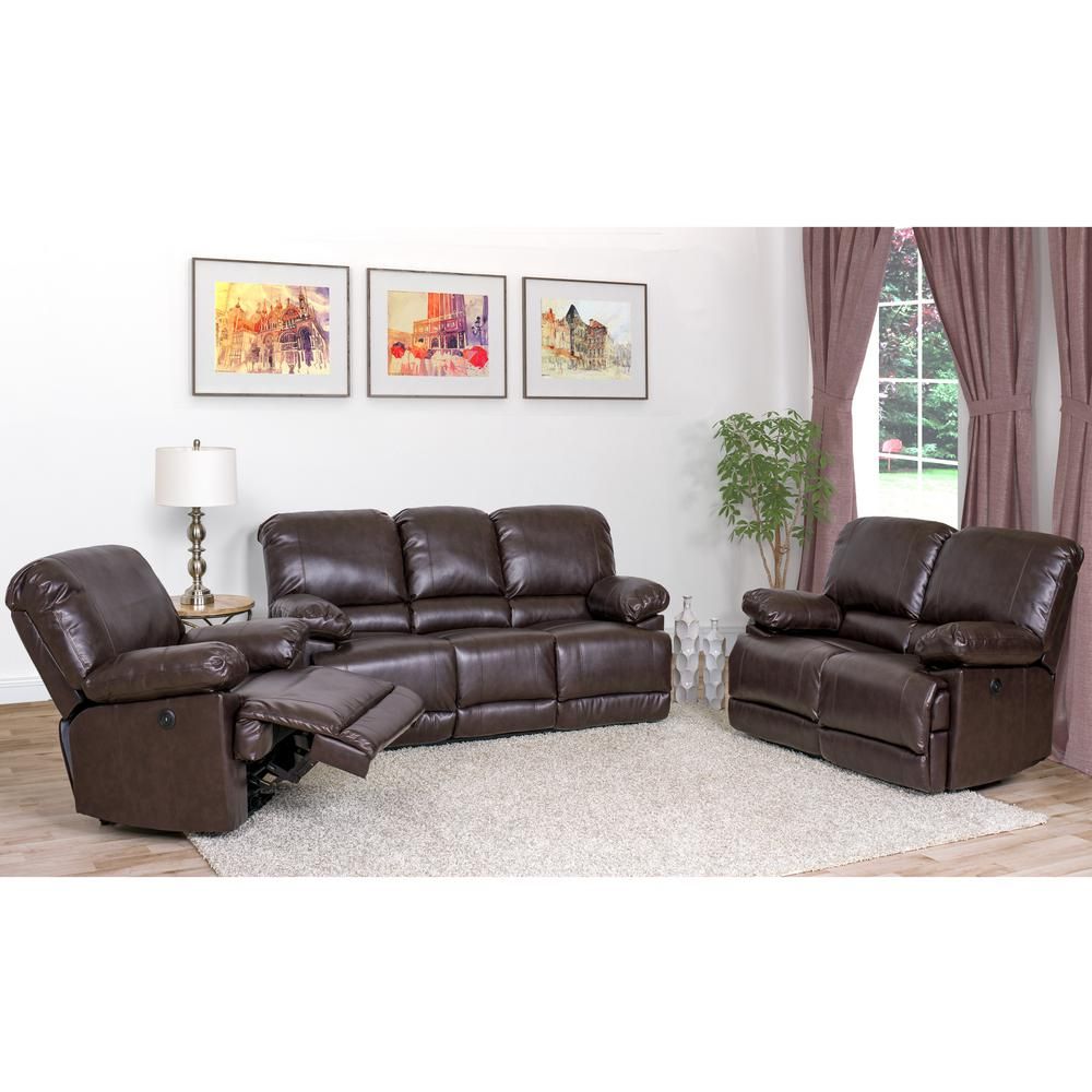 Corliving Lea 3 Piece Chocolate Brown Bonded Leather Power For 3pc Bonded Leather Upholstered Wooden Sectional Sofas Brown (View 7 of 15)
