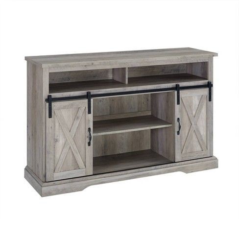 Current Jaxpety 58" Farmhouse Sliding Barn Door Tv Stands Throughout Farmhouse Sliding Barndoor Highboy Tv Stand For Tvs Up To (Photo 6 of 15)
