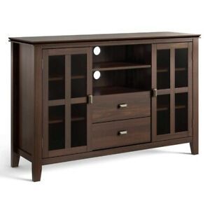Dark Brown Solid Wood 35 Inch High Tv Stand With Glass Regarding Latest Tv Cabinets With Glass Doors (View 4 of 15)