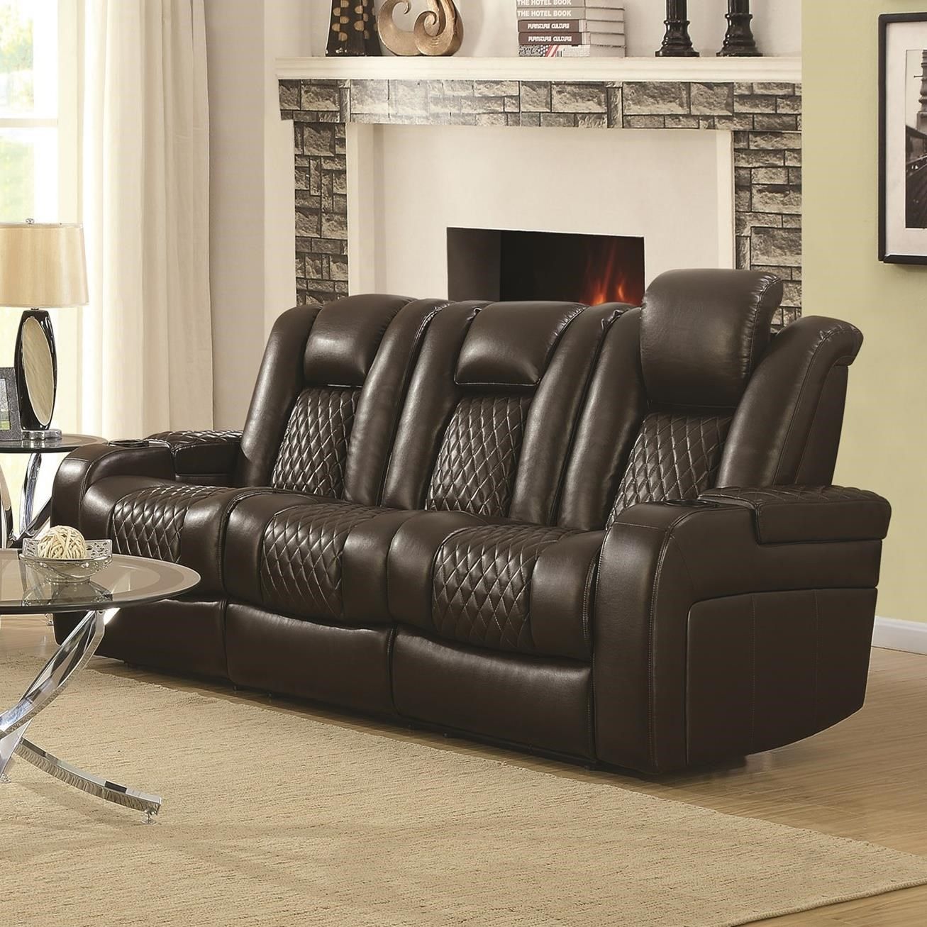Delangelo Casual Power Reclining Sofa With Cup Holders Inside Expedition Brown Power Reclining Sofas (View 8 of 15)