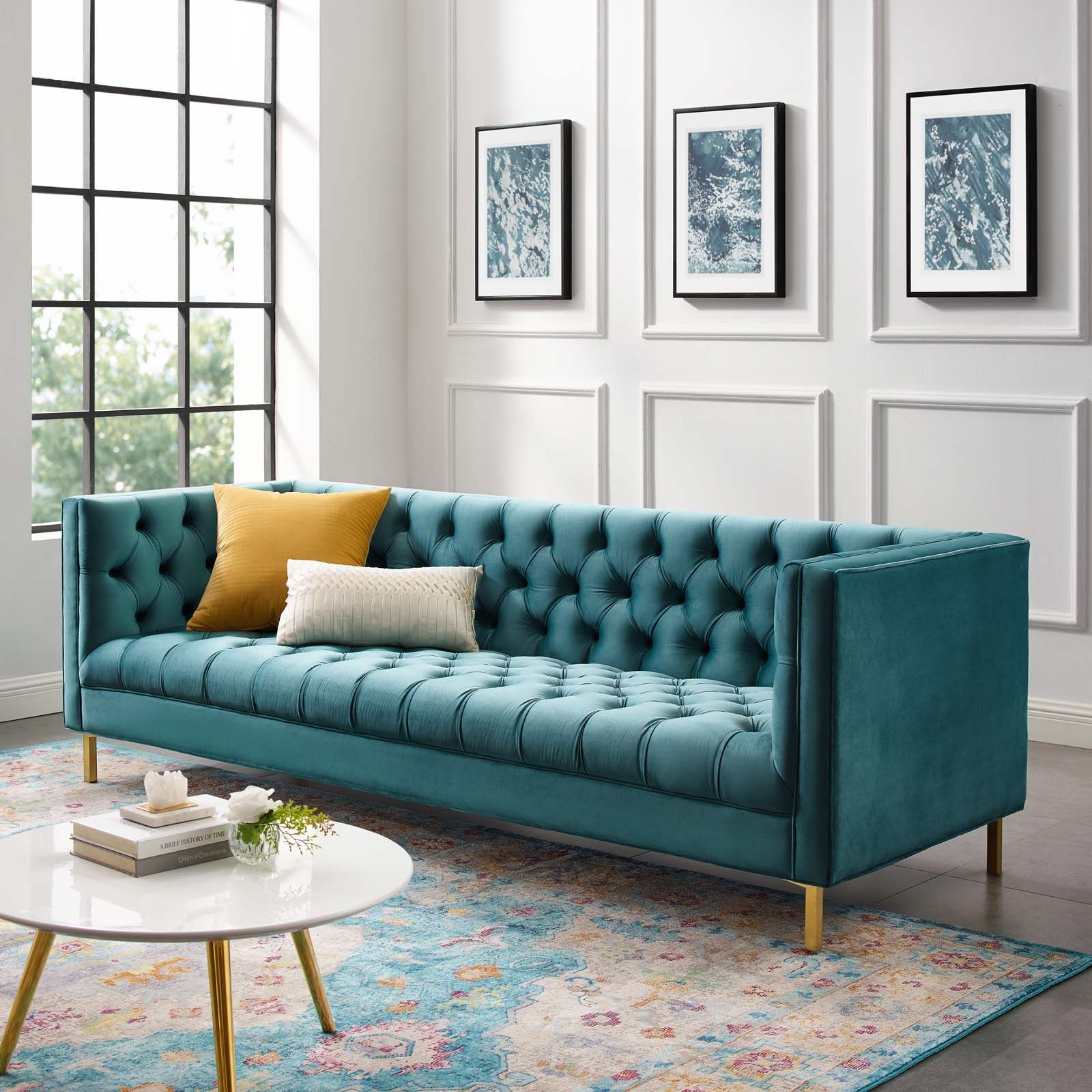 Delight Tufted Button Performance Velvet Sofa With French Seamed Sectional Sofas In Velvet (View 9 of 15)