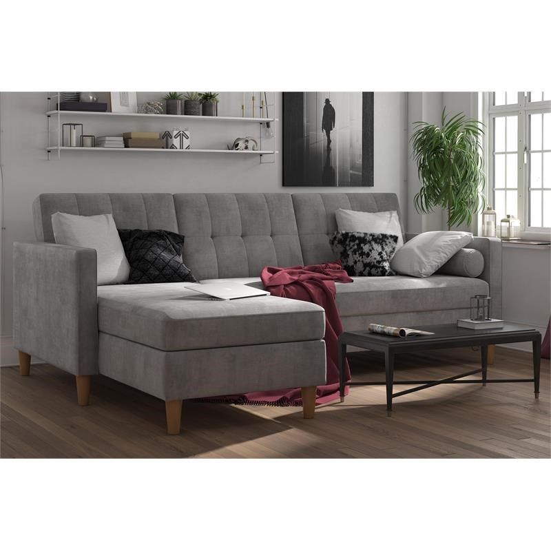 Dhp Hartford Storage Sectional Futon With Chaise In Gray In Hugo Chenille Upholstered Storage Sectional Futon Sofas (View 11 of 15)