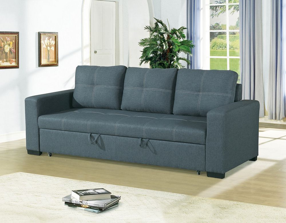 Dionisia Blue Grey Linen Like Fabric Convertible Sofa Within Polyfiber Linen Fabric Sectional Sofas Dark Gray (View 5 of 15)