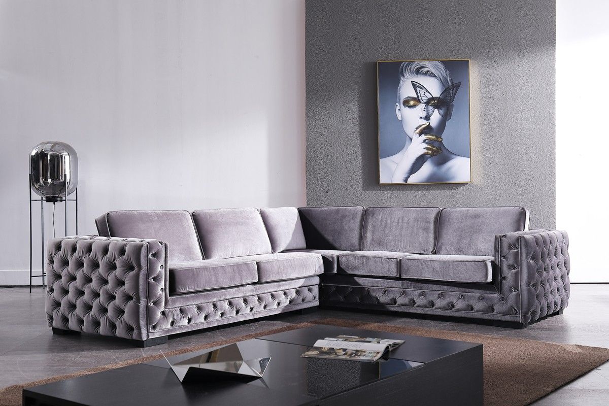 Divani Casa Jean Modern Grey Velvet Sectional Sofa For Strummer Velvet Sectional Sofas (View 5 of 15)