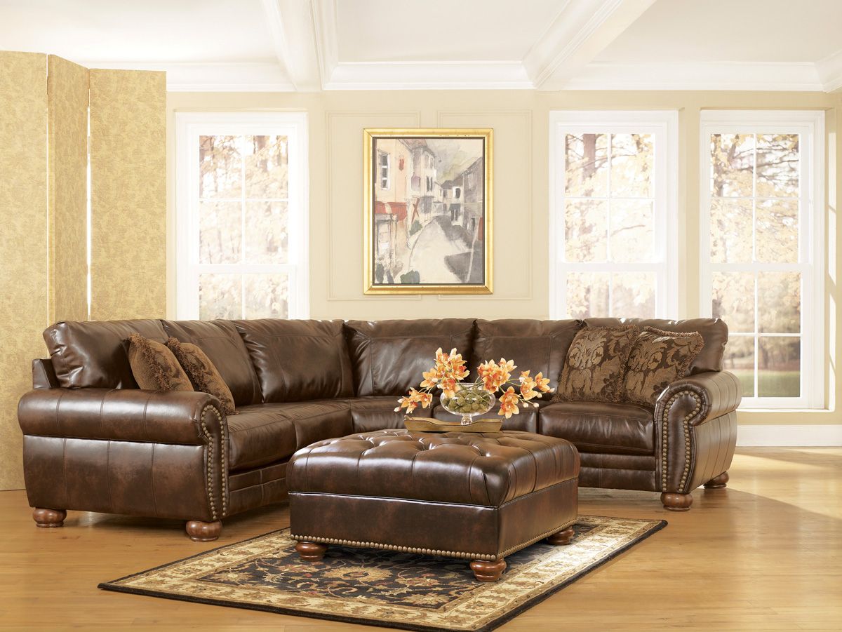 Durablend Traditional Antique Brown Sectional Sofaashley Inside 3pc Bonded Leather Upholstered Wooden Sectional Sofas Brown (View 10 of 15)