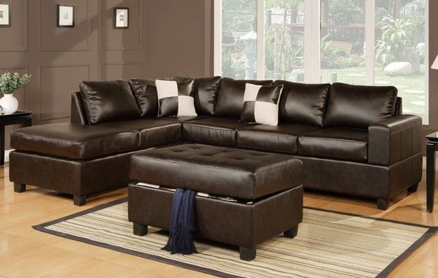Espresso Leather Match Sectional Sofa With Reversible Regarding Celine Sectional Futon Sofas With Storage Camel Faux Leather (View 12 of 15)
