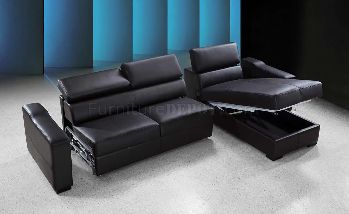 Espresso Leather Modern Sectional Sofa Bed W/storage Regarding Prato Storage Sectional Futon Sofas (View 8 of 15)