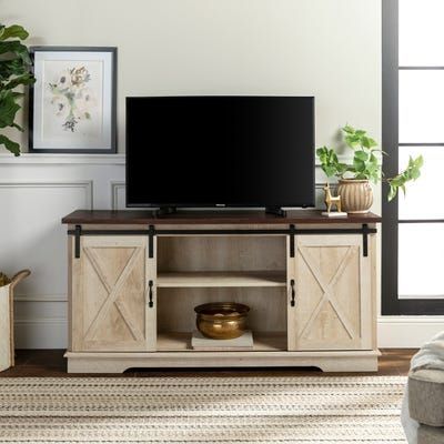 Farmhouse Whitewashed & Oak Sliding Barn Door 58" Tv Stand Throughout Well Liked Jaxpety 58&quot; Farmhouse Sliding Barn Door Tv Stands (View 13 of 15)