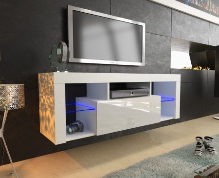 Fashionable Scandi 2 Drawer White Tv Media Unit Stands With Regard To 130cm White Matt & Gloss Modern Tv Unit With Led Lights (View 4 of 15)