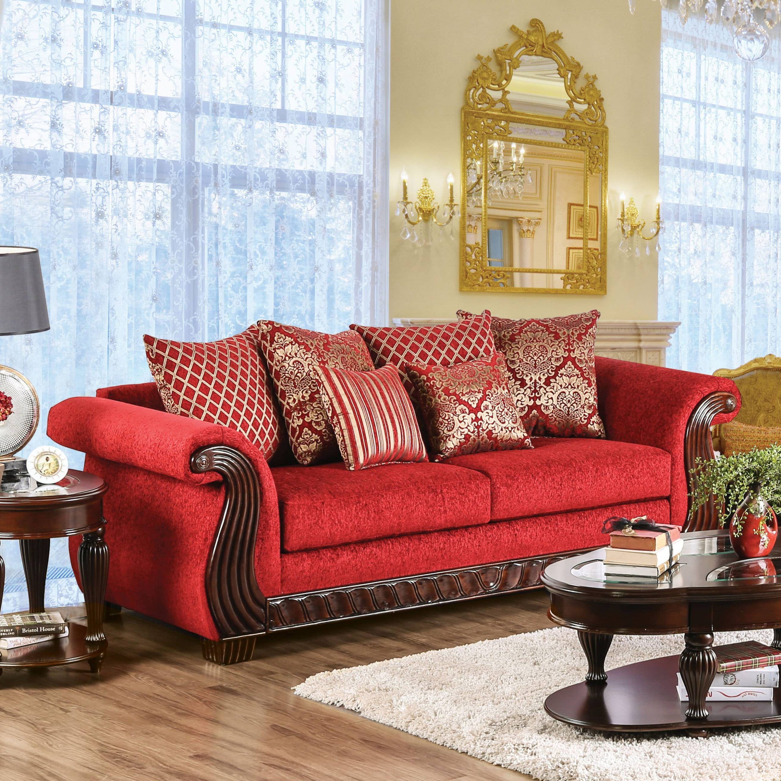 Furniture Of America Ferga Traditional Wood Trim Ruby Red Throughout Red Sofas (View 2 of 15)