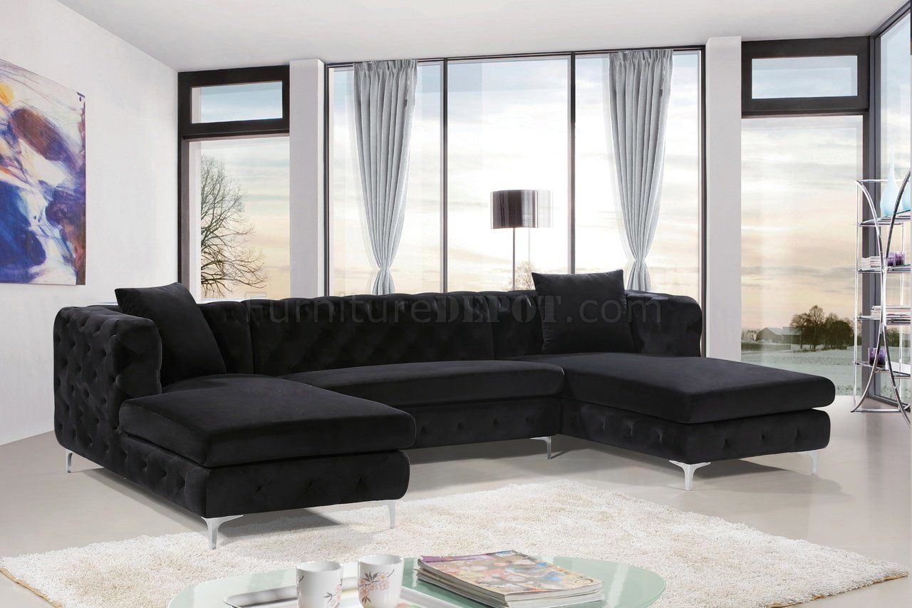 Gail Sectional Sofa 664 In Black Velvet Fabricmeridian Inside 2pc Connel Modern Chaise Sectional Sofas Black (View 9 of 15)