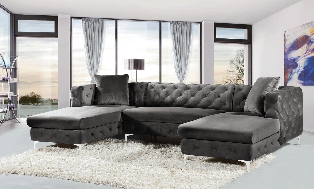Gail Sectional Sofa 664 In Grey Velvet Fabricmeridian With French Seamed Sectional Sofas In Velvet (View 8 of 15)
