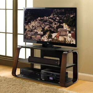 Glass Shelf & Wood Flat Panel Tv Stand, Cherry Wood Color In Fashionable Rfiver Black Tabletop Tv Stands Glass Base (View 3 of 15)