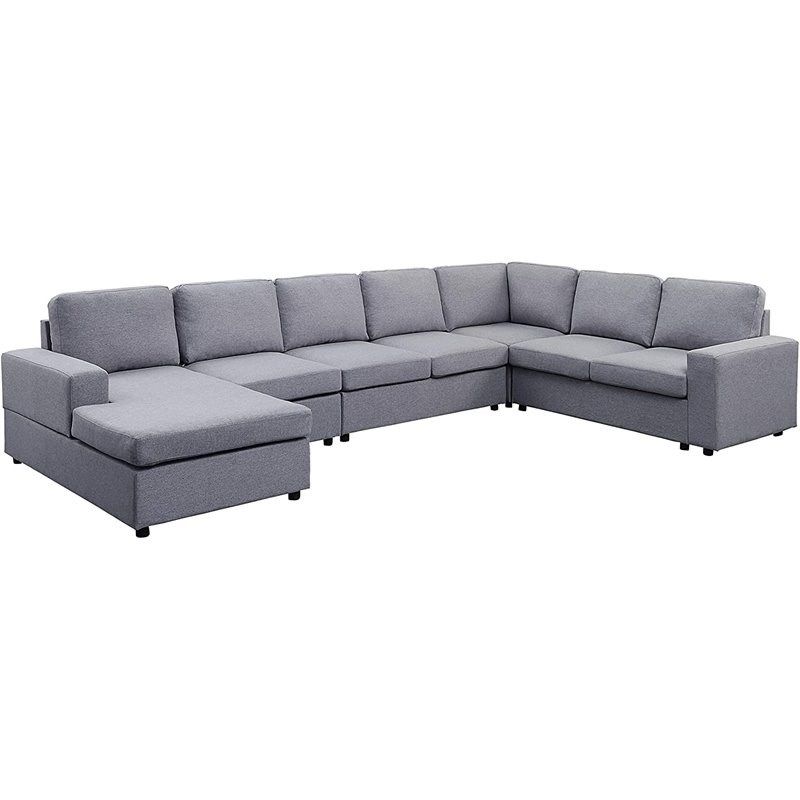 Gray Linen 7 Seat Reversible Modular Sectional Sofa Chaise Pertaining To Paul Modular Sectional Sofas Blue (View 12 of 15)