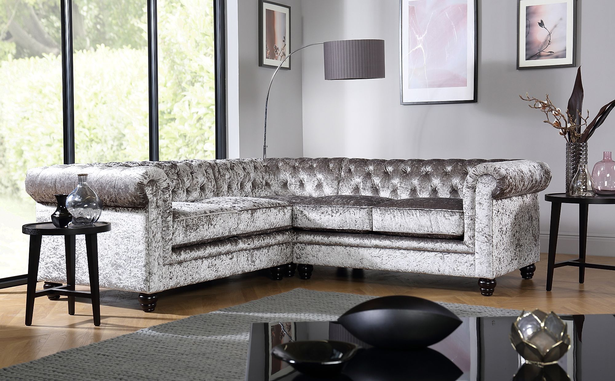 Hampton Silver Crushed Velvet Chesterfield Corner Sofa Throughout French Seamed Sectional Sofas In Velvet (View 4 of 15)