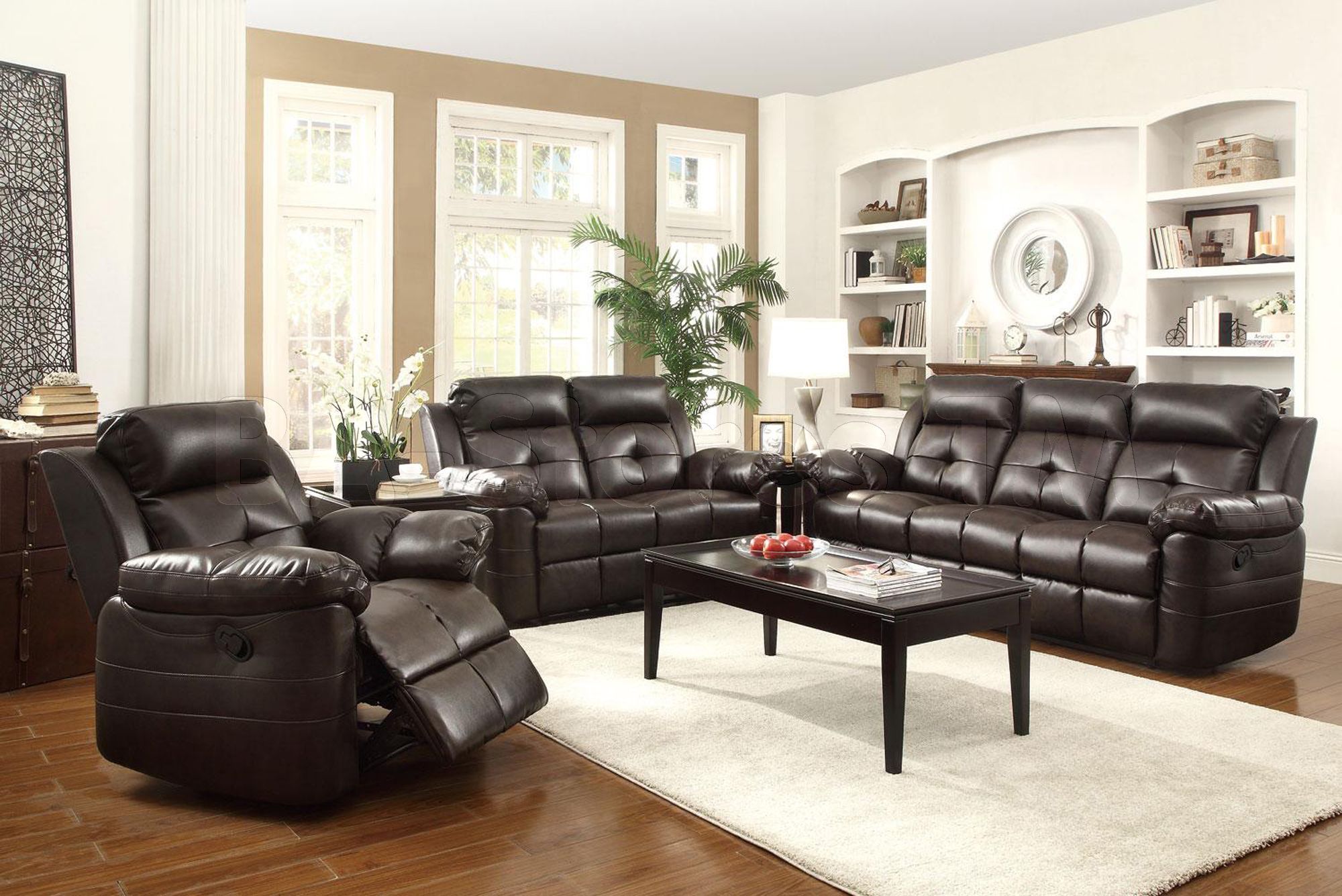 Keating Dark Brown Bonded Leather Match 3 Pc Motion Sofa Inside 3pc Bonded Leather Upholstered Wooden Sectional Sofas Brown (Photo 15 of 15)