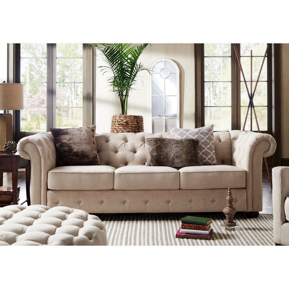 Knightsbridge Beige Fabric Button Tufted Chesterfield Sofa Throughout Artisan Beige Sofas (View 8 of 15)