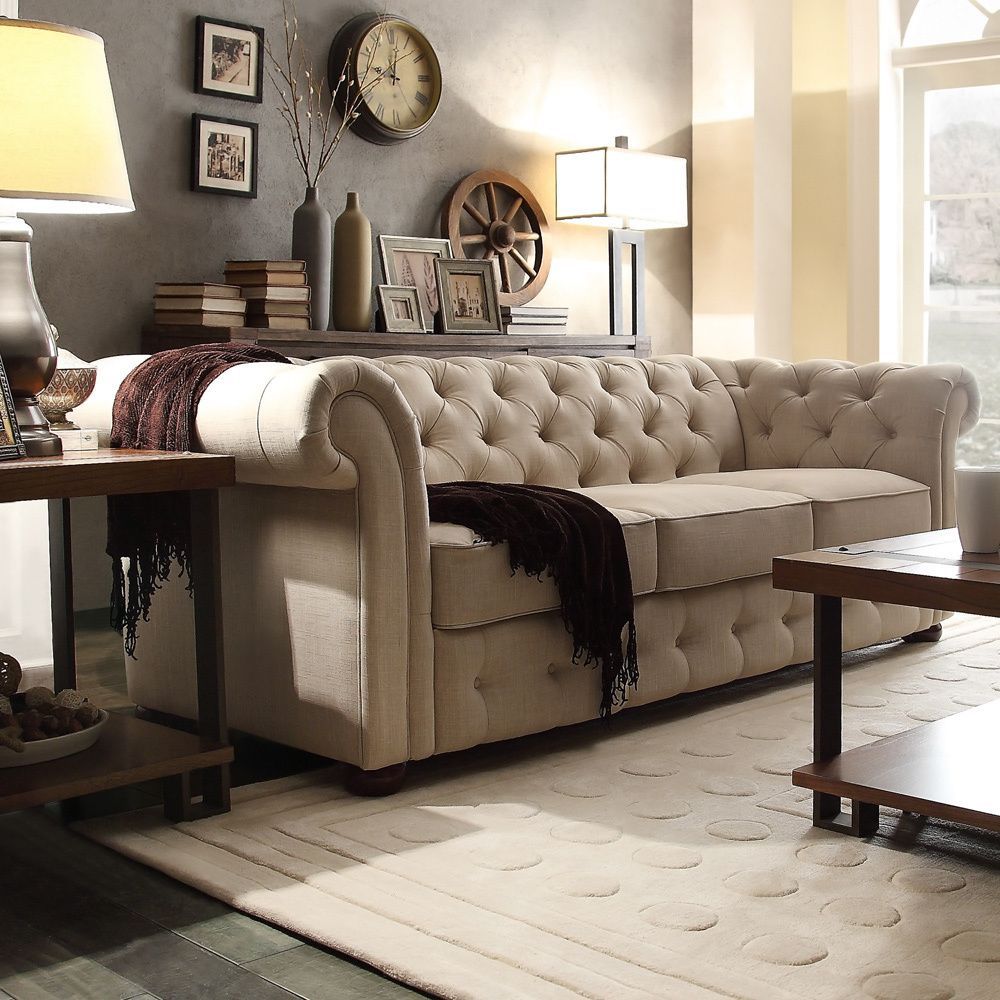 Knightsbridge Beige Fabric Button Tufted Chesterfield Sofa Within Artisan Beige Sofas (View 10 of 15)