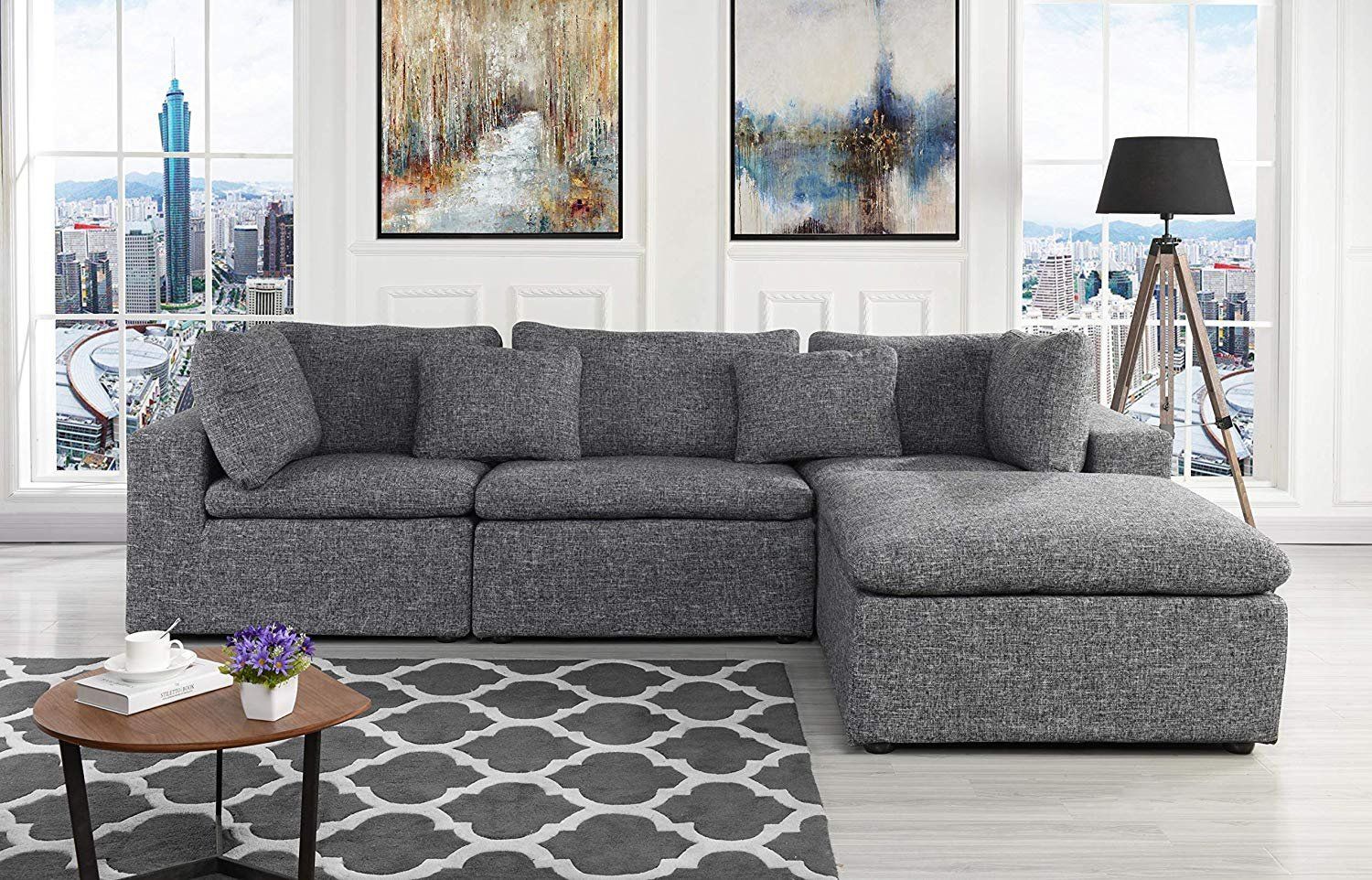Large Linen Fabric Sectional Sofa, L Shape Couch With Wide Intended For 2pc Crowningshield Contemporary Chaise Sofas Light Gray (Photo 1 of 15)