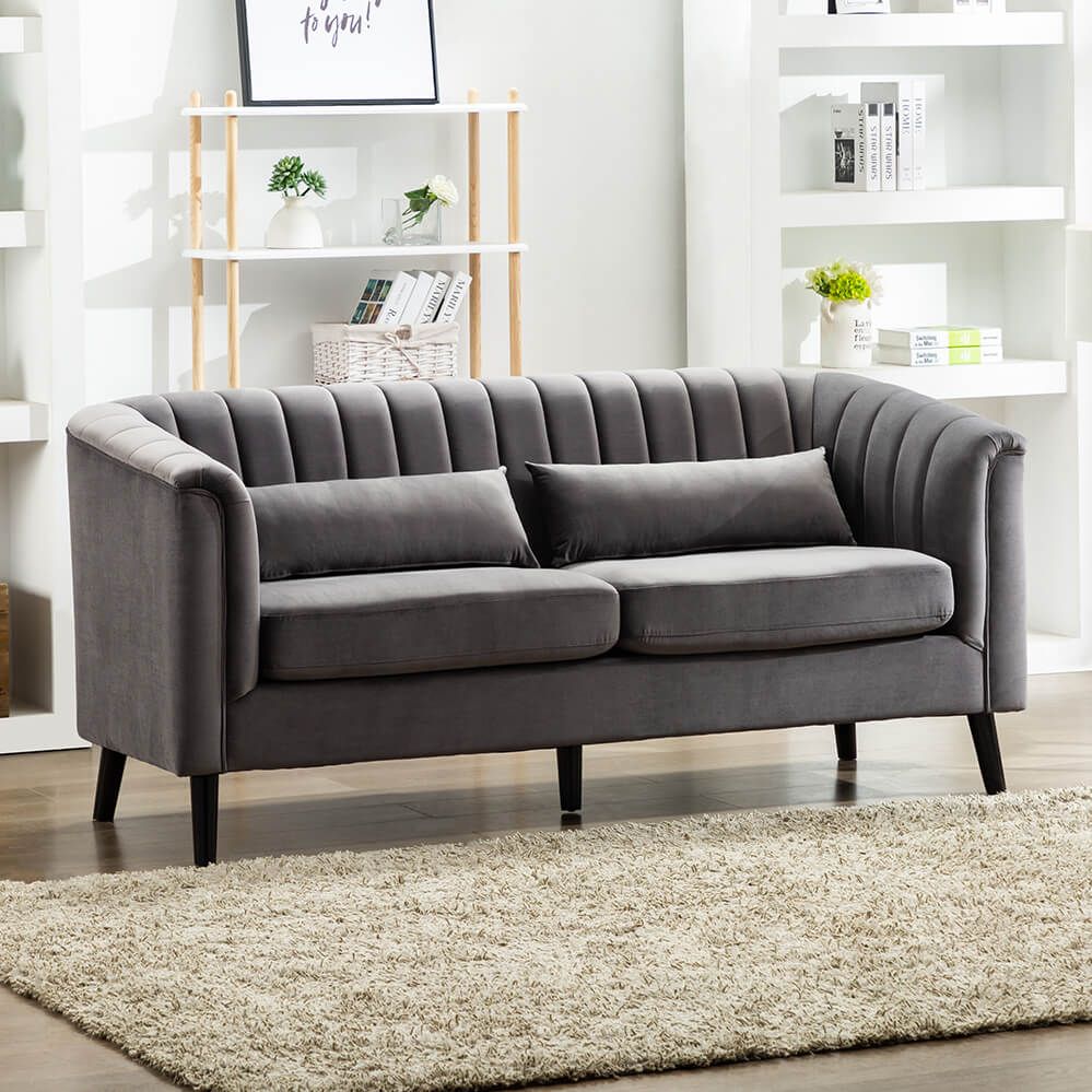 Mairead Grey Velvet Sofa – Vintage Fluted Design – Get Regarding French Seamed Sectional Sofas In Velvet (View 1 of 15)