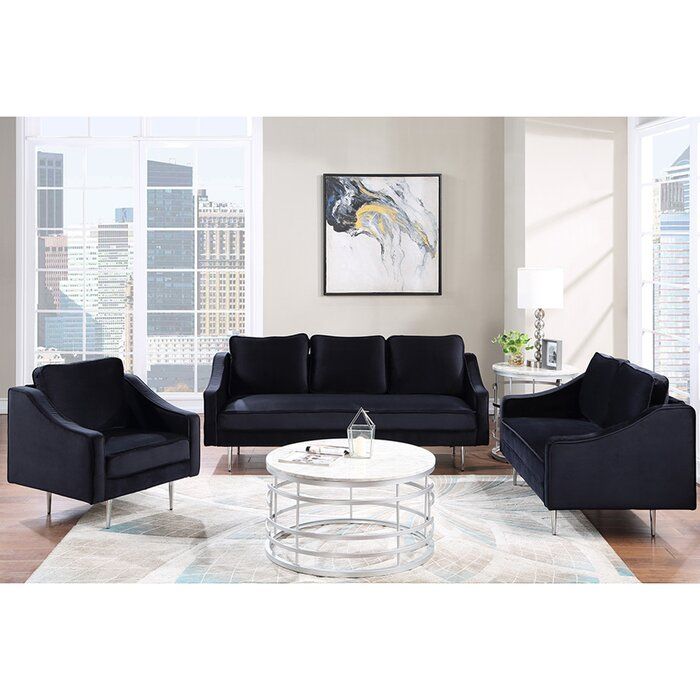 Mercer41 Mid Century Velvet 3 Piece Living Room Sofa Set With 3Pc French Seamed Sectional Sofas Velvet Black (View 2 of 15)
