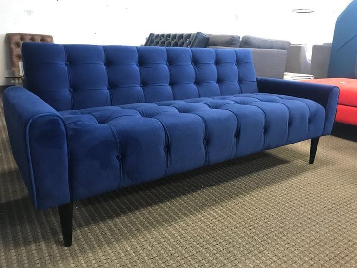 Mid Century Modern Blue Velvet Tufted Sofa | Velvet Tufted Intended For Dove Mid Century Sectional Sofas Dark Blue (View 1 of 15)