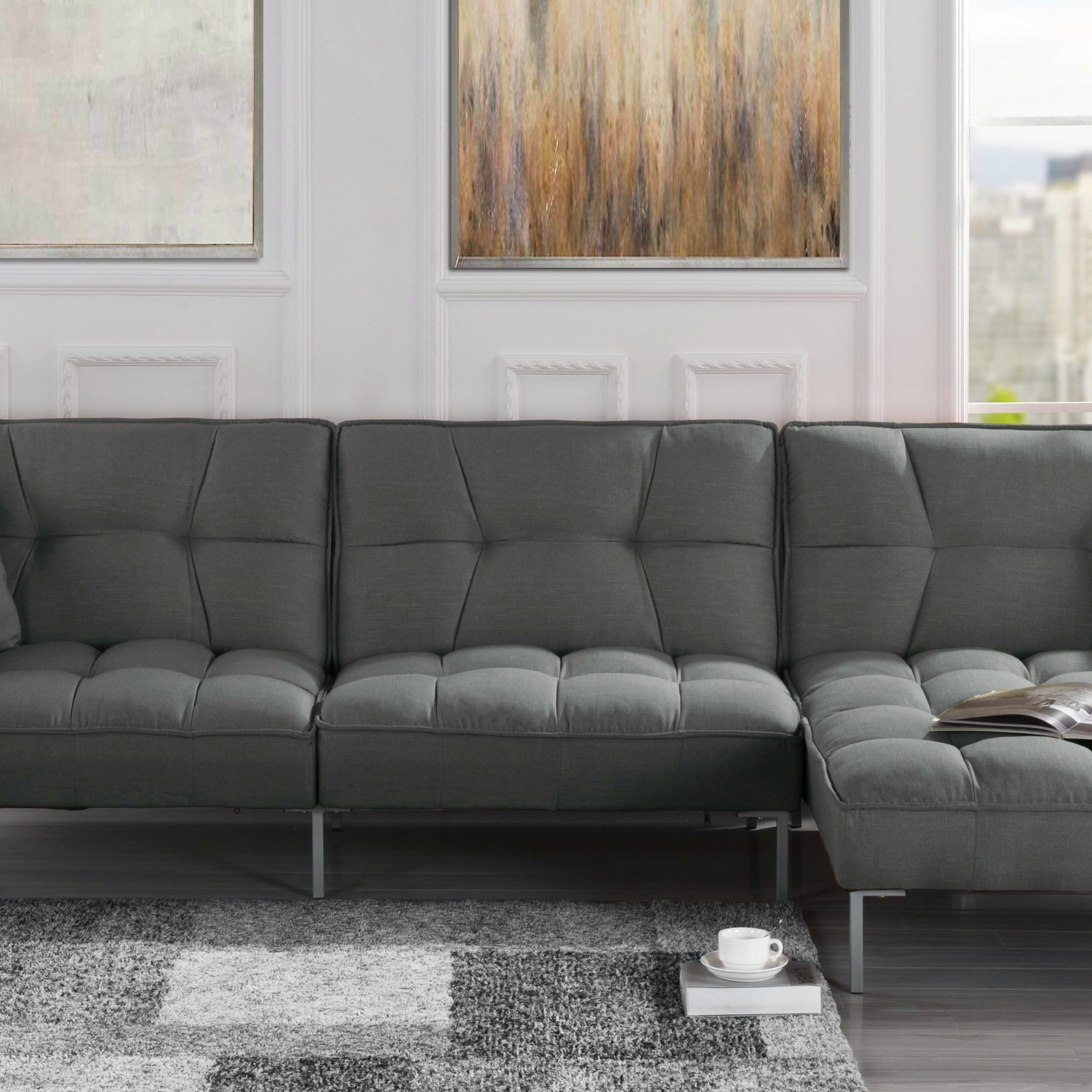 Mobilis Modern Square Tufted Linen Fabric Sectional Sofa Throughout Polyfiber Linen Fabric Sectional Sofas Dark Gray (View 2 of 15)