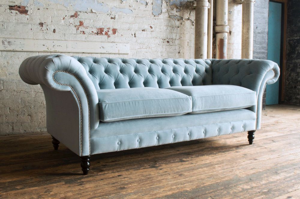Modern Handmade 3 Seater Pale Dusty Blue Velvet In Brayson Chaise Sectional Sofas Dusty Blue (View 15 of 15)