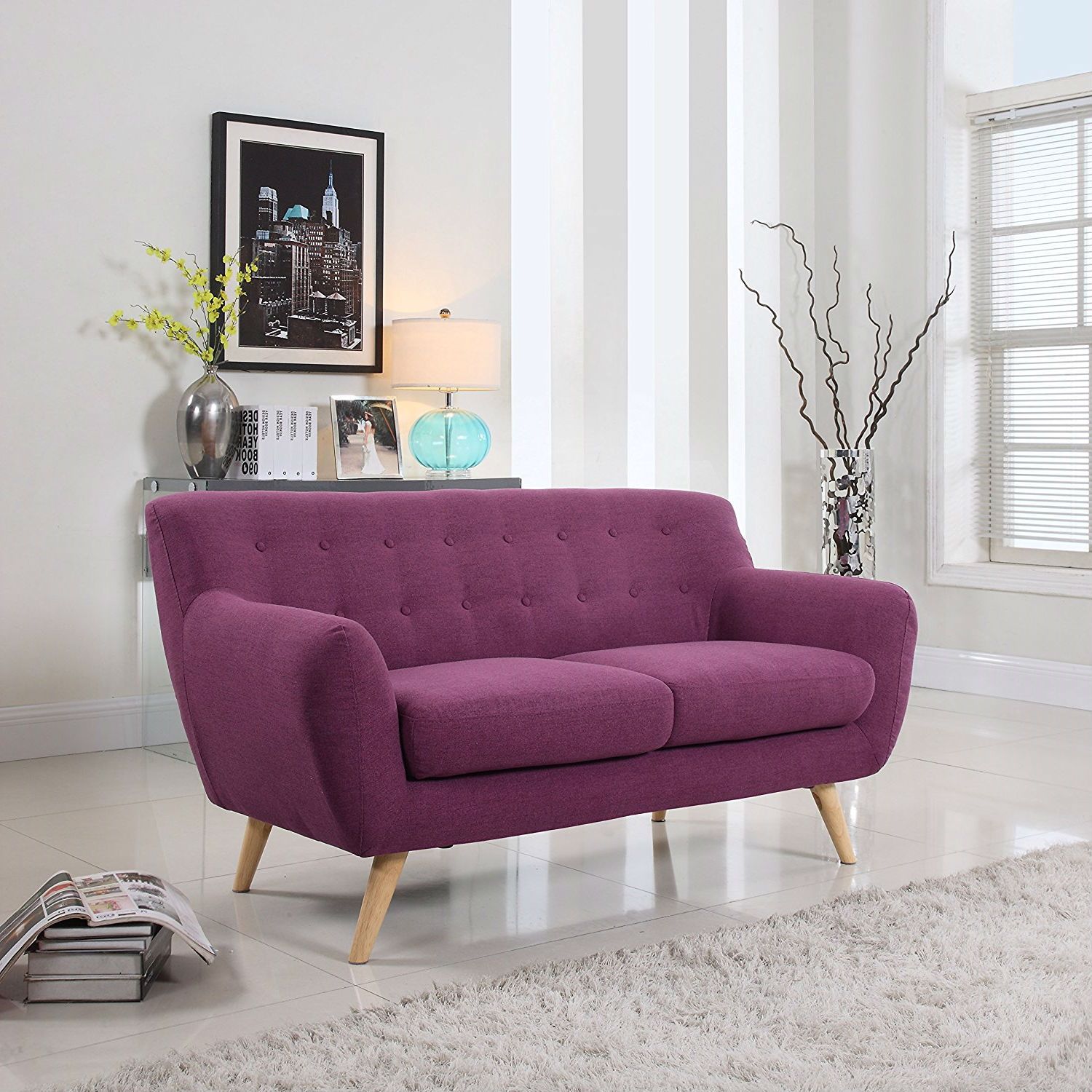 Modern Purple Linen Fabric Upholstered Mid Century Style For Mireille Modern And Contemporary Fabric Upholstered Sectional Sofas (Photo 9 of 15)
