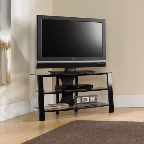 Most Recently Released Glass Shelves Tv Stands Regarding Mirage Black/Clear Glass Panel Tv Stand (View 2 of 15)