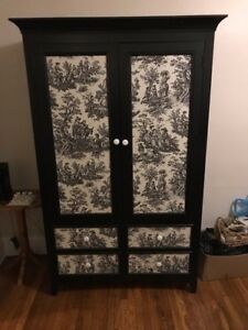Most Up To Date Dark Brown Tv Cabinets With 2 Sliding Doors And Drawer With Black Cabinet/armoire With Toile Fabric On Front Panels (View 11 of 15)