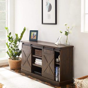 Most Up To Date Modern Farmhouse Fireplace Credenza Tv Stands Rustic Gray Finish Throughout 10 Best Barn Door Tv Stands Of 2021 For Farmhouses (View 9 of 15)