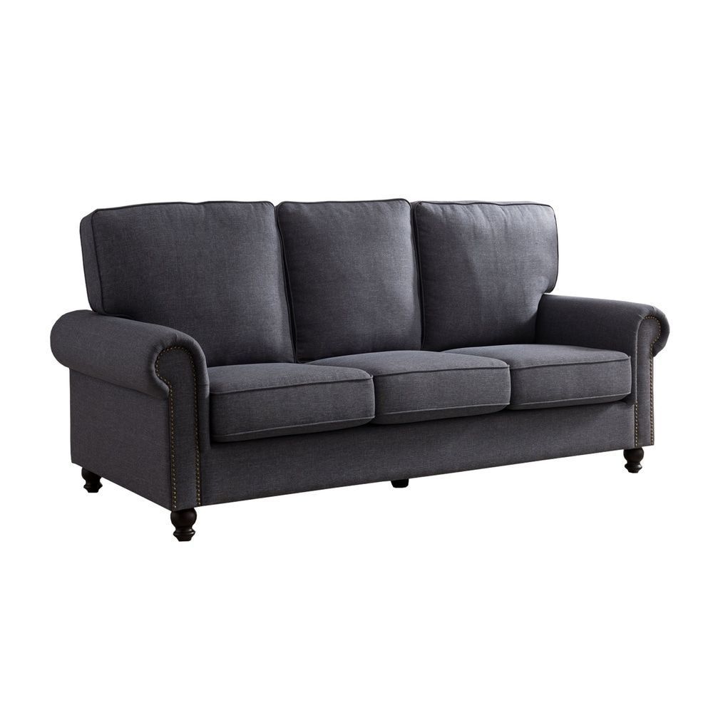 Nailhead Trim Fabric Upholstered Wooden Sofa With Rolled With Radcliff Nailhead Trim Sectional Sofas Gray (Photo 8 of 15)